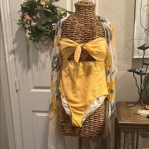 Yellow One-Piece Swimsuit with Floral Cover-Up